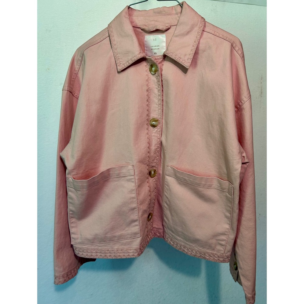 LC Lauren Conrad Pink Denim Chore Jacket Embroidered Utility Crop Coat XS